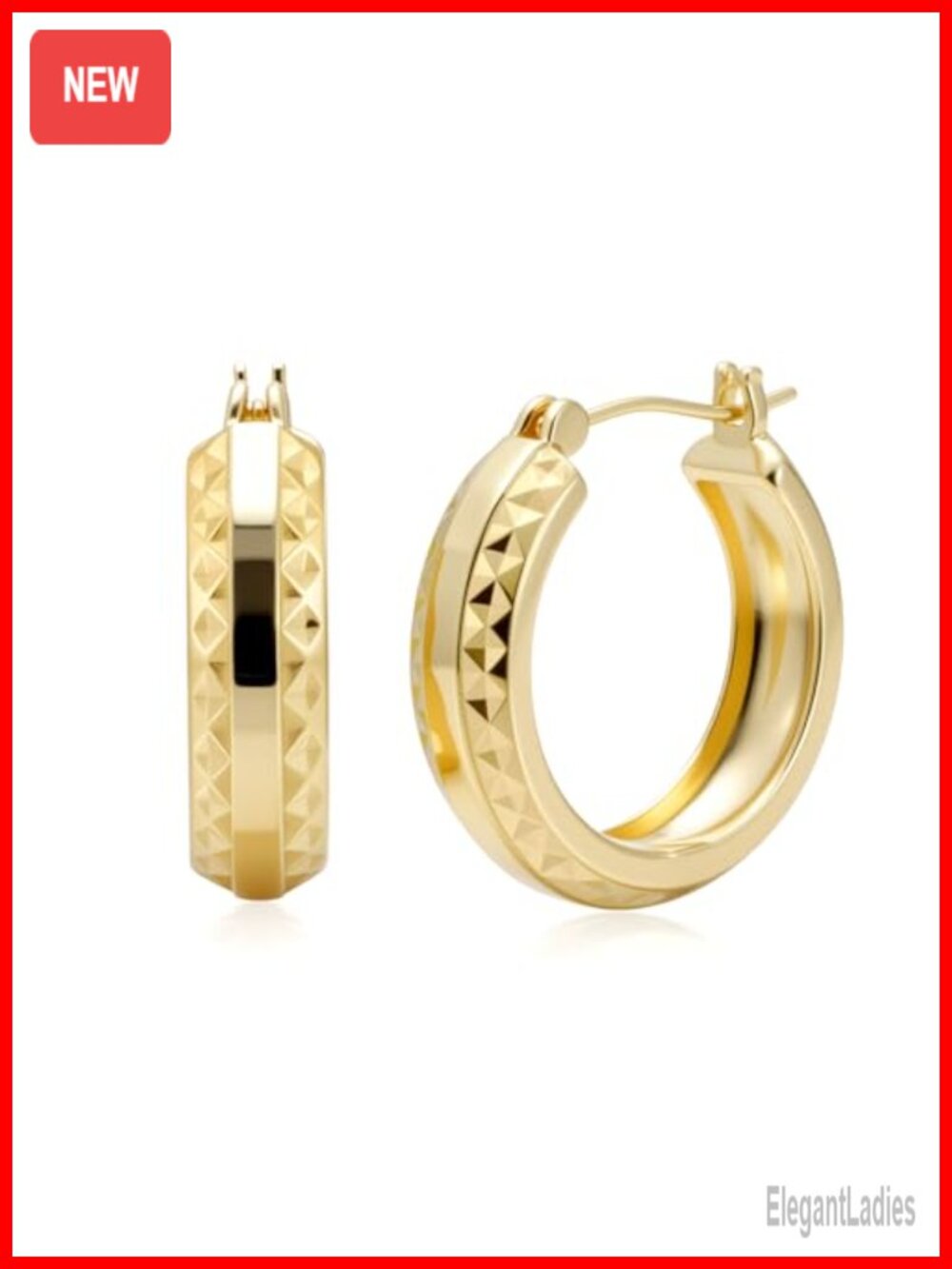 14K Gold Hoop Earrings Women 25mm Trendy Mesh Engraved Clip Top Hoops